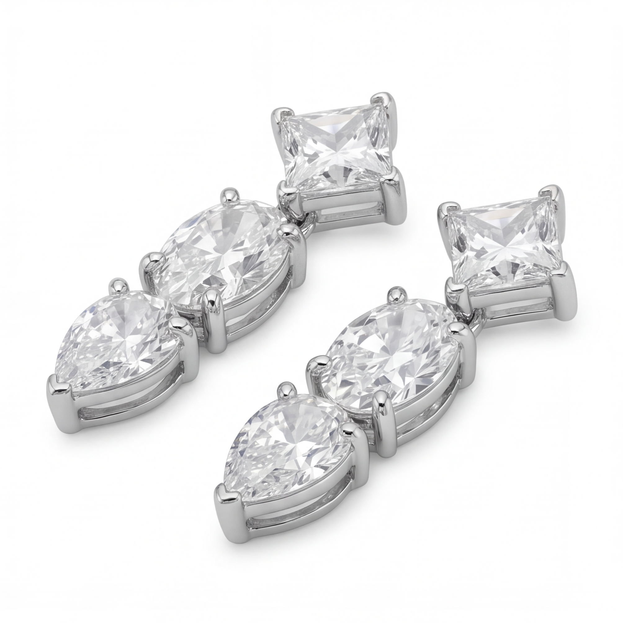 Three Stone Drop Earrings – Princess, Marquise & Pear CZ Drops