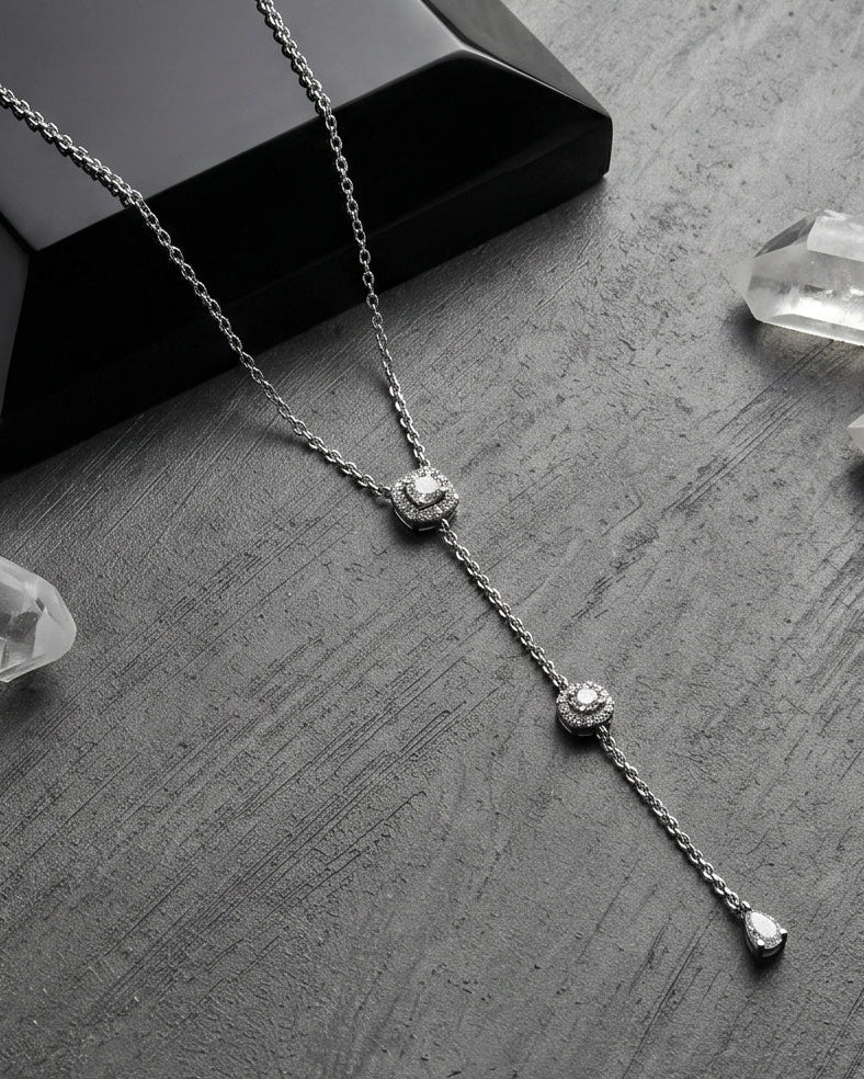925 Sterling Silver square halo lariat necklace with round and pear drop accents