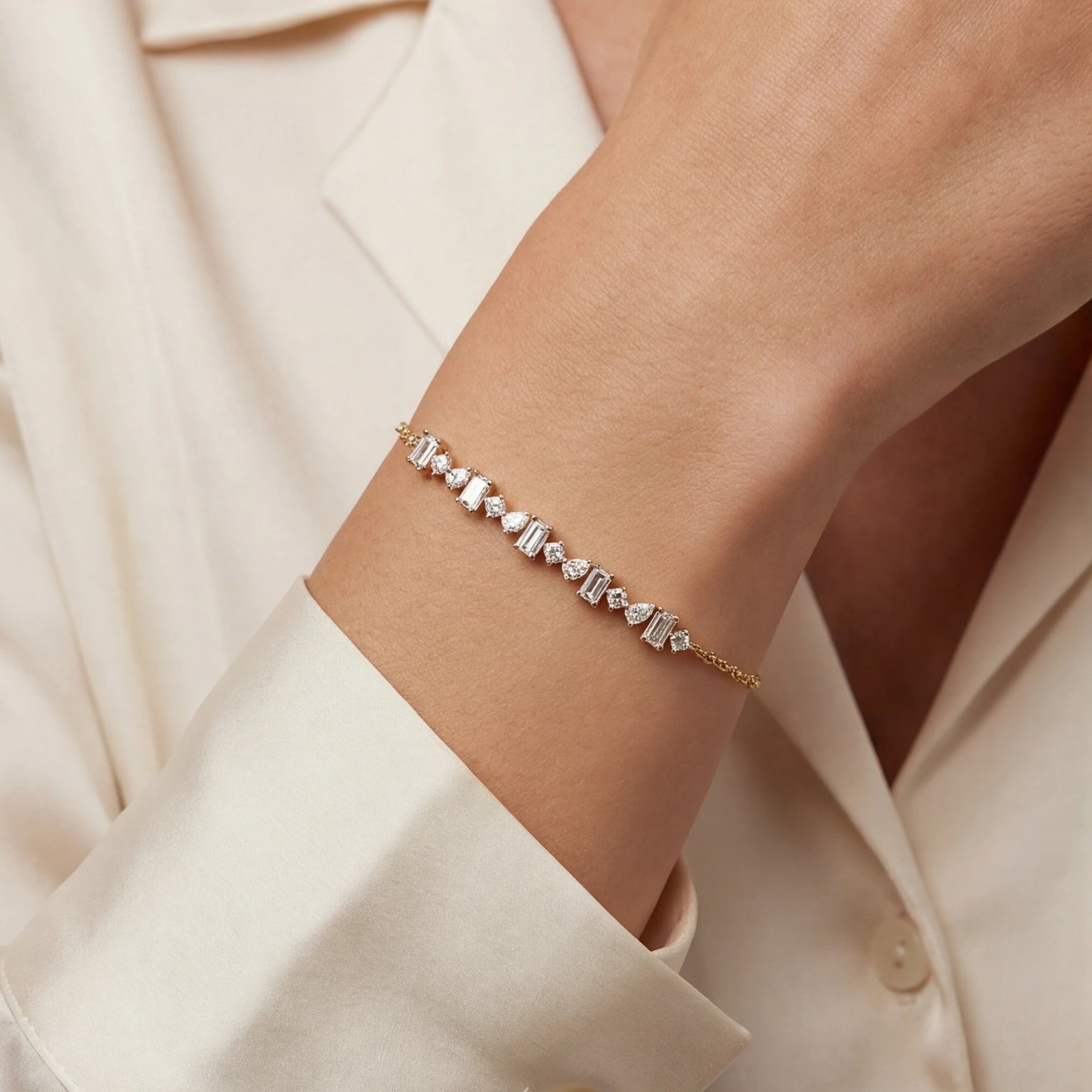 Delicate bracelet on a wrist with a neutral background #color_gold