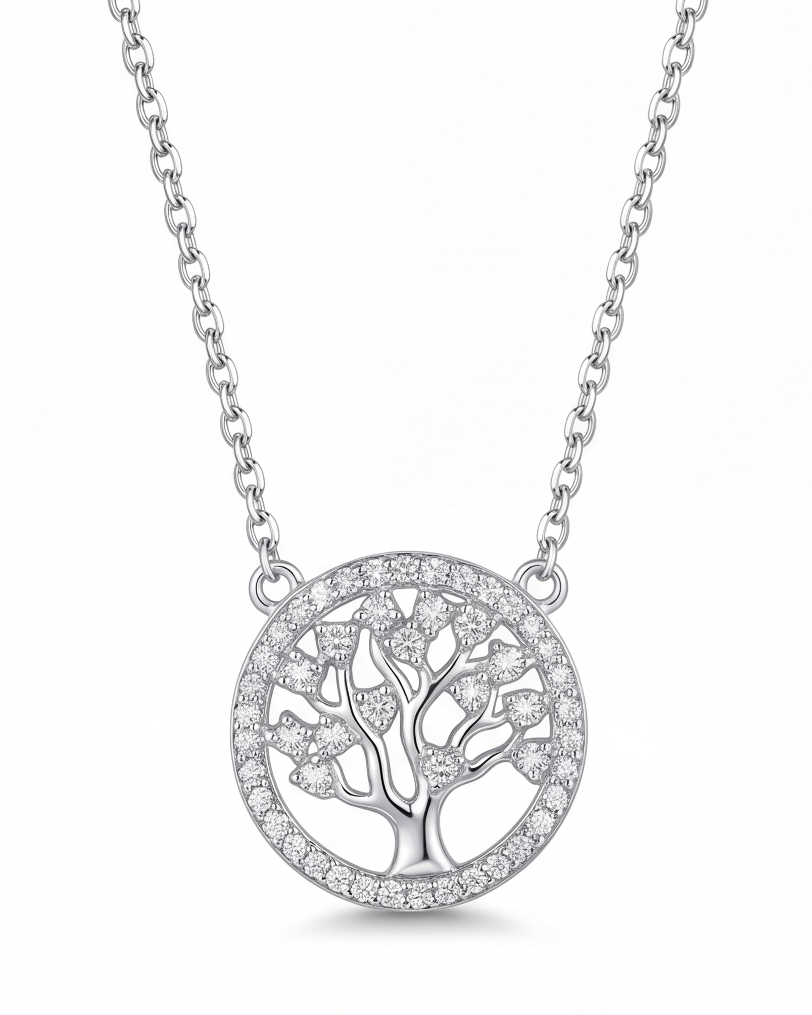 Silver necklace with a tree of life pendant on a white background #color_silver