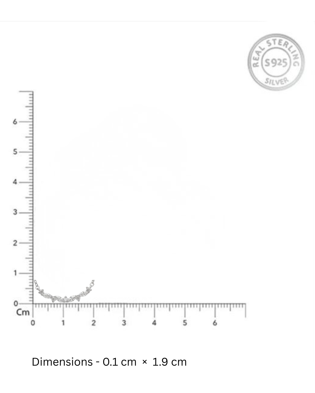 Jewelry component with measurement scale and 'Real Sterling Silver' stamp on a white background