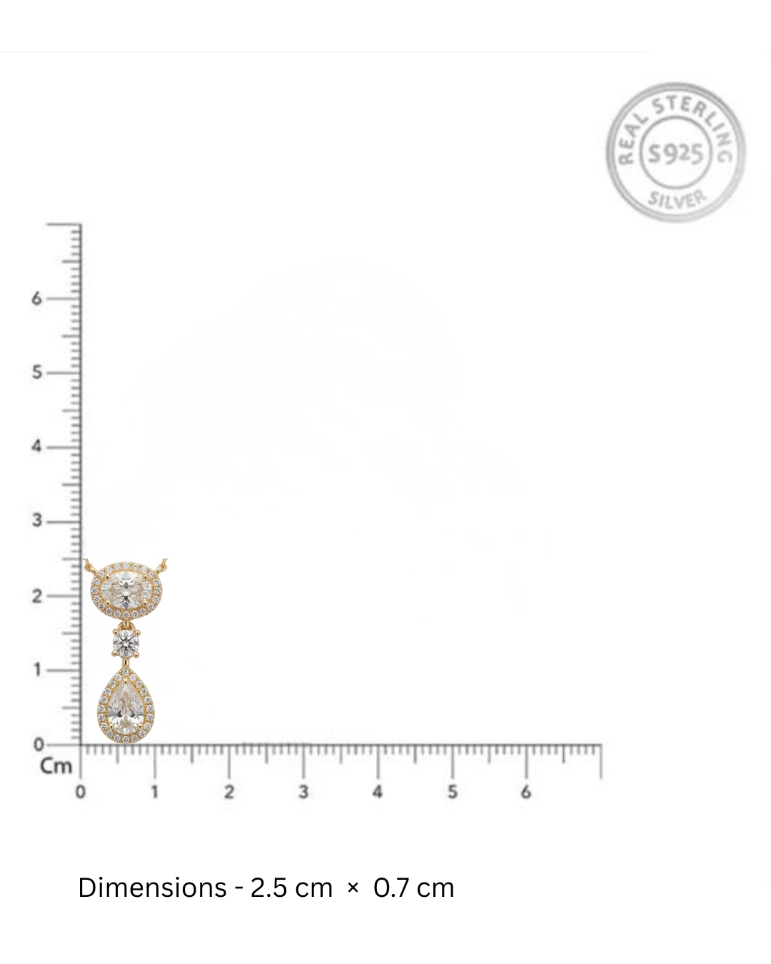 Gold teardrop-shaped earring with clear stones on a white background with measurement scale and 'Real Sterling Silver' stamp.