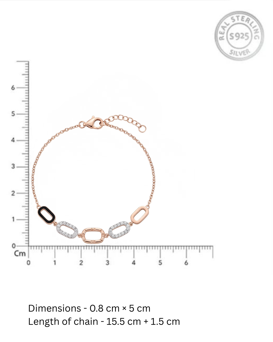 Rose gold bracelet with chain links on a white background with measurement scale and 'Real Sterling Silver' stamp.
