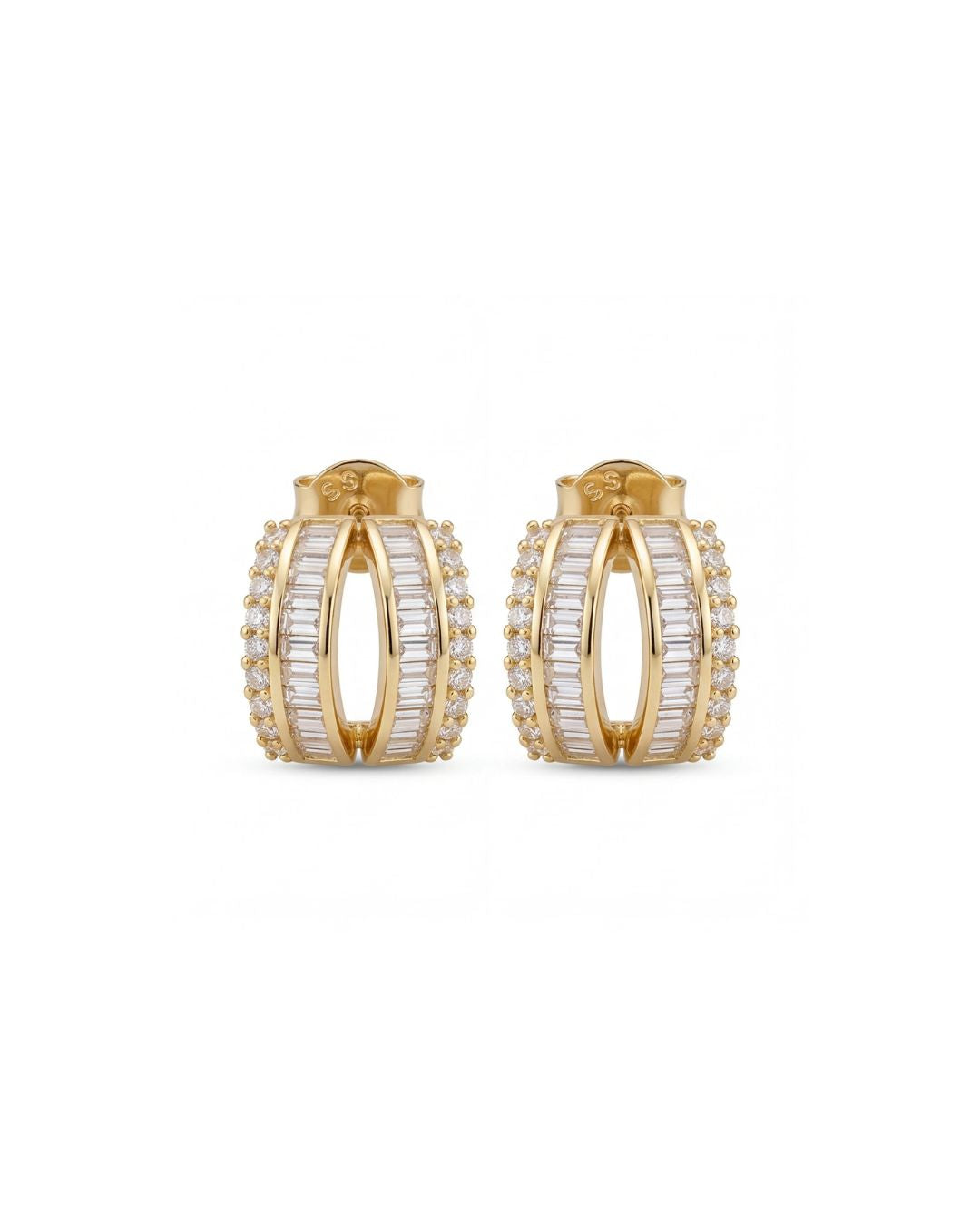 Baguette & Round CZ Hoop Stud Earrings for Women#color_gold