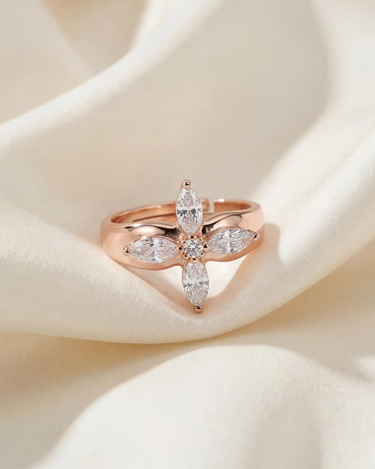 Marquise CZ Flower Adjustable Ring for Women #color_rose gold