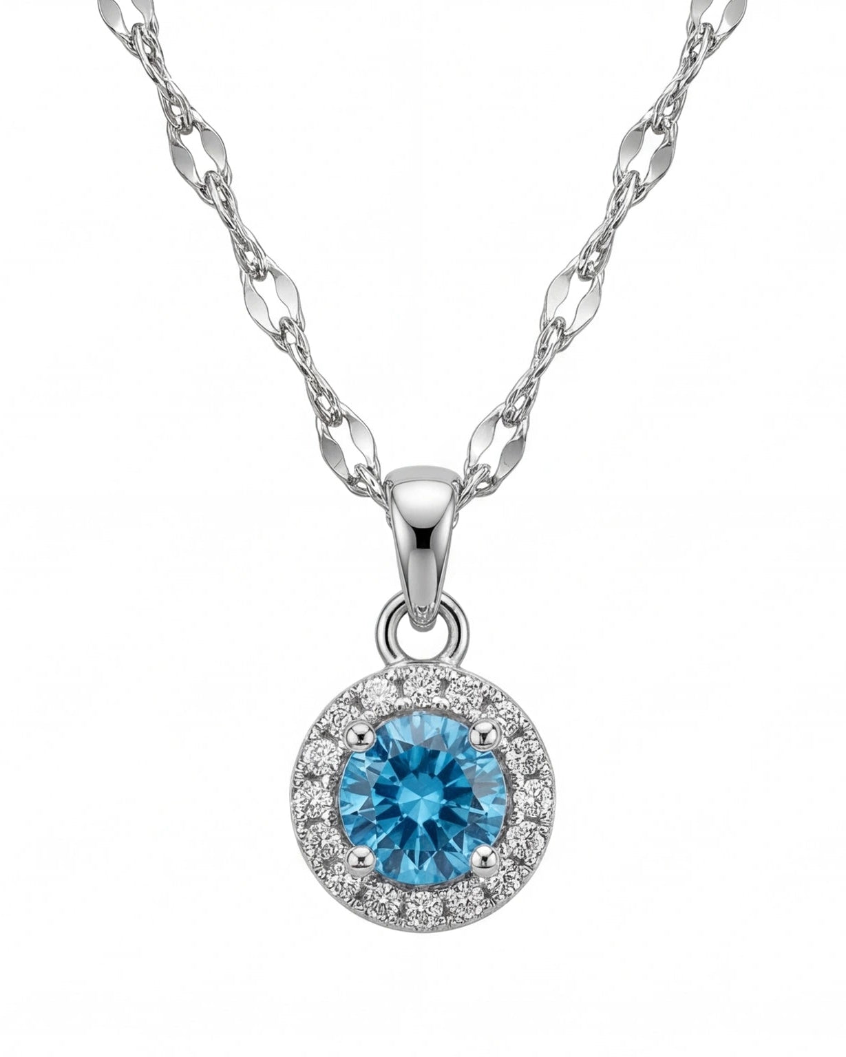 Blue CZ Halo Pendant Necklace for Women #color_silver