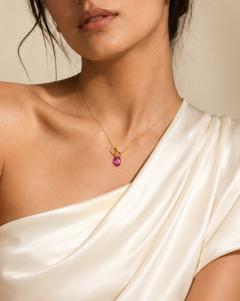 Pink CZ Link Necklace for Women#color_gold