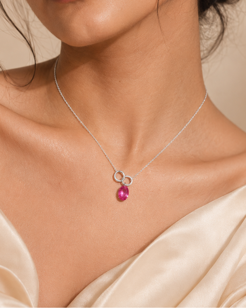 Pink CZ Link Necklace for Women#color_silver