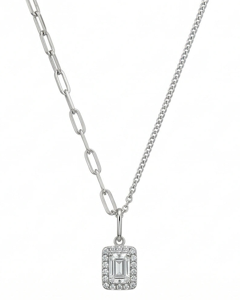 Emerald CZ Halo Pendant Necklace for Women#color_silver