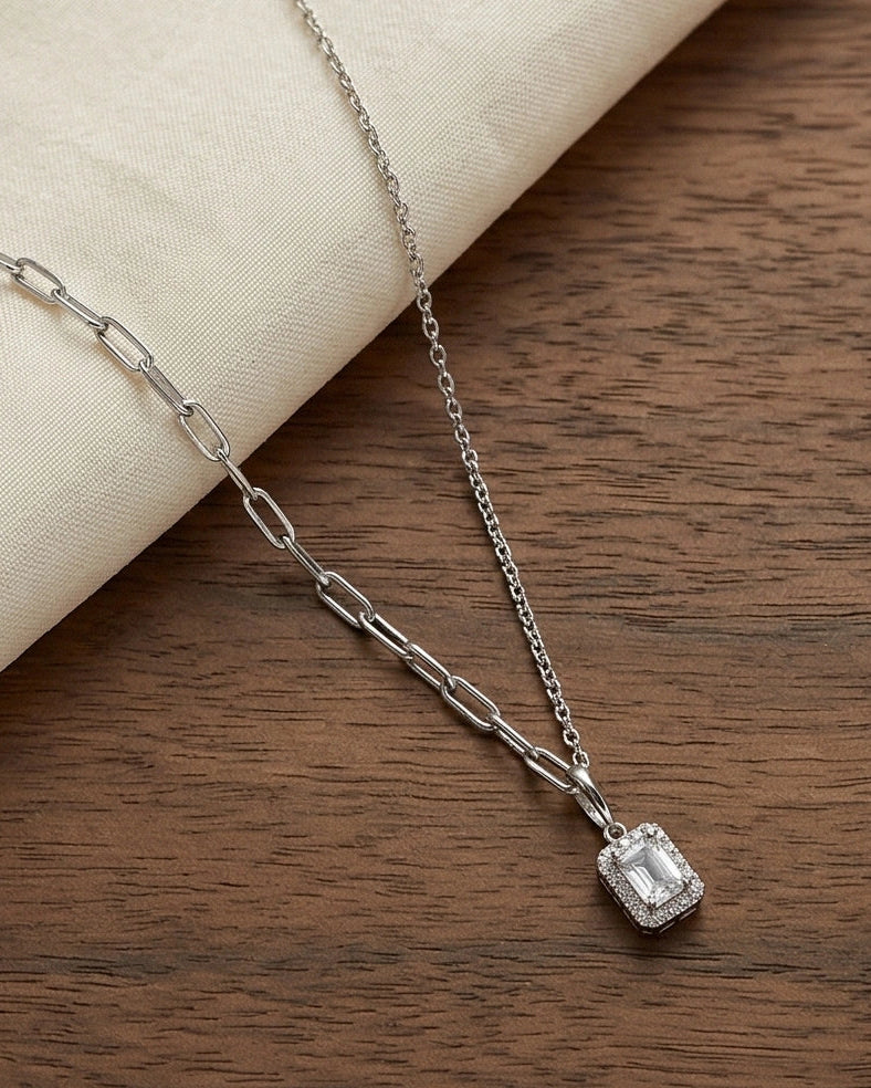 Emerald CZ Halo Pendant Necklace for Women#color_silver