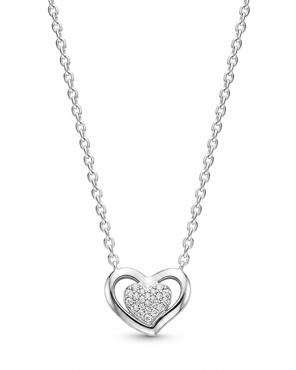 Silver heart-shaped necklace with embedded stones on a white background #color_silver