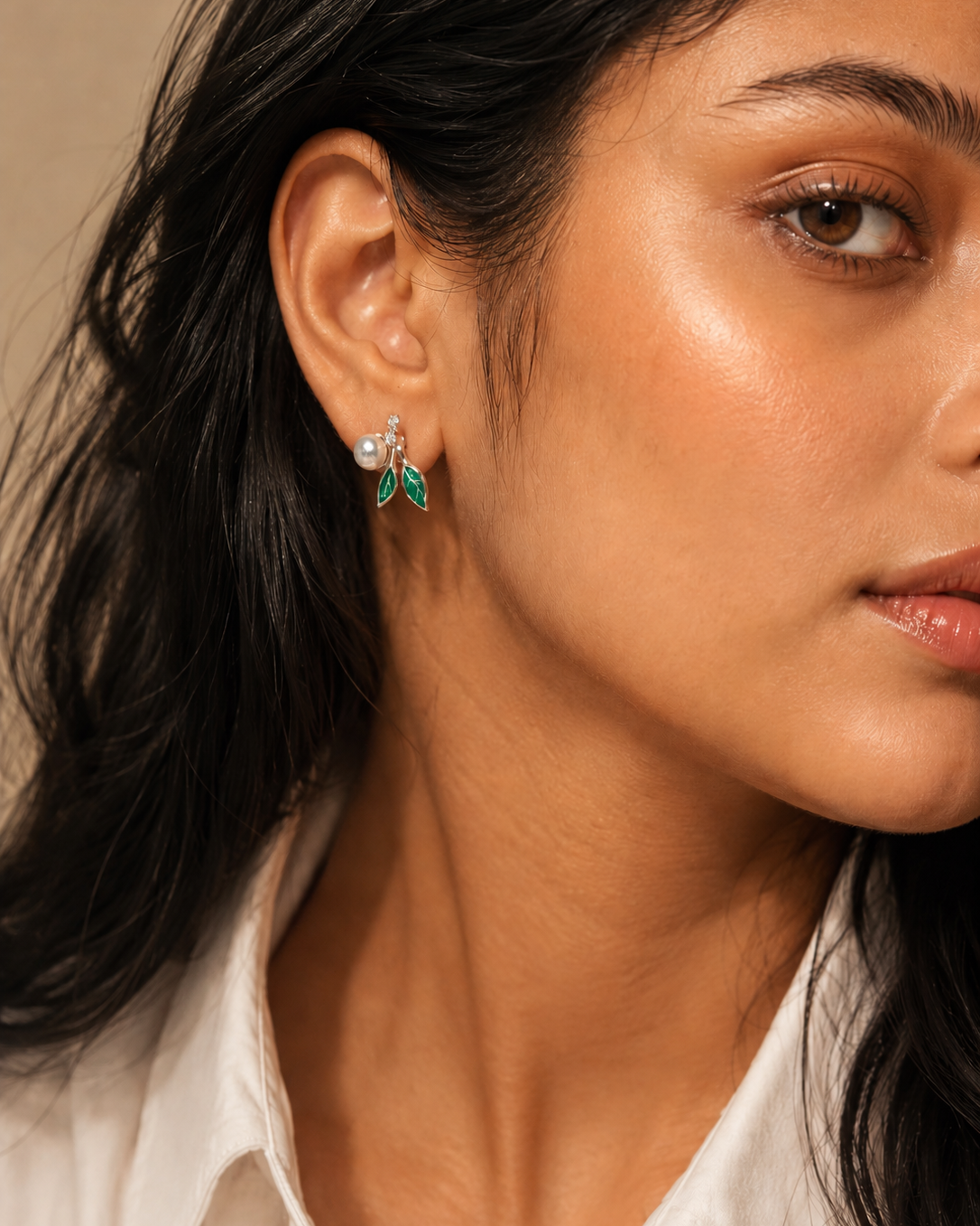 Emerald Pearl Leaf Stud Earrings #color_silver