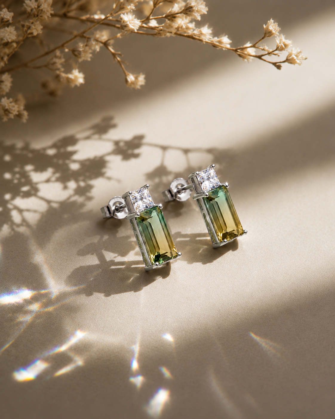 Green Gold Baguette Stud Earrings #color_silver