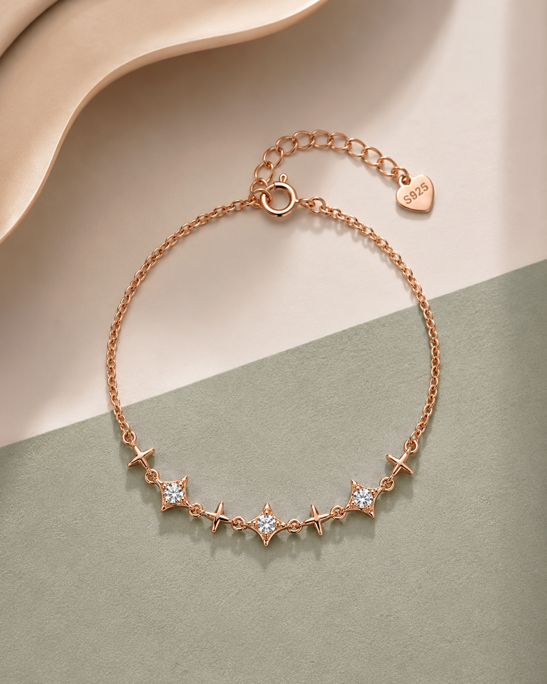 celestial star bracelet with chain and heart tag #color_rose gold