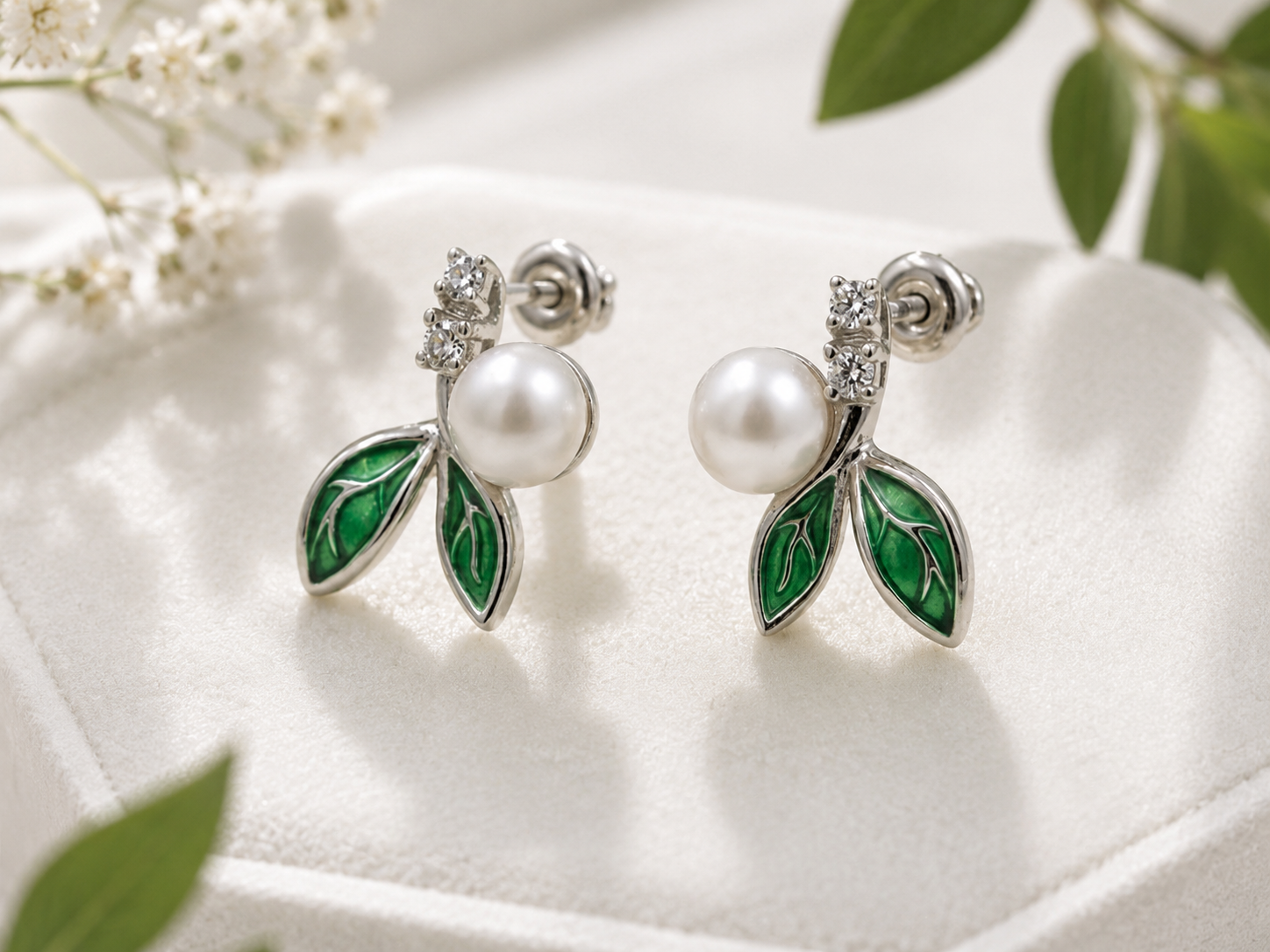 Emerald Pearl Leaf Stud Earrings
