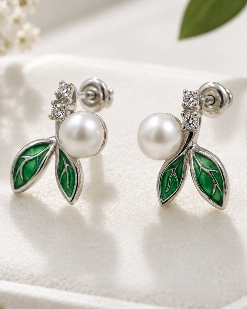 Emerald Pearl Leaf Stud Earrings #color_silver