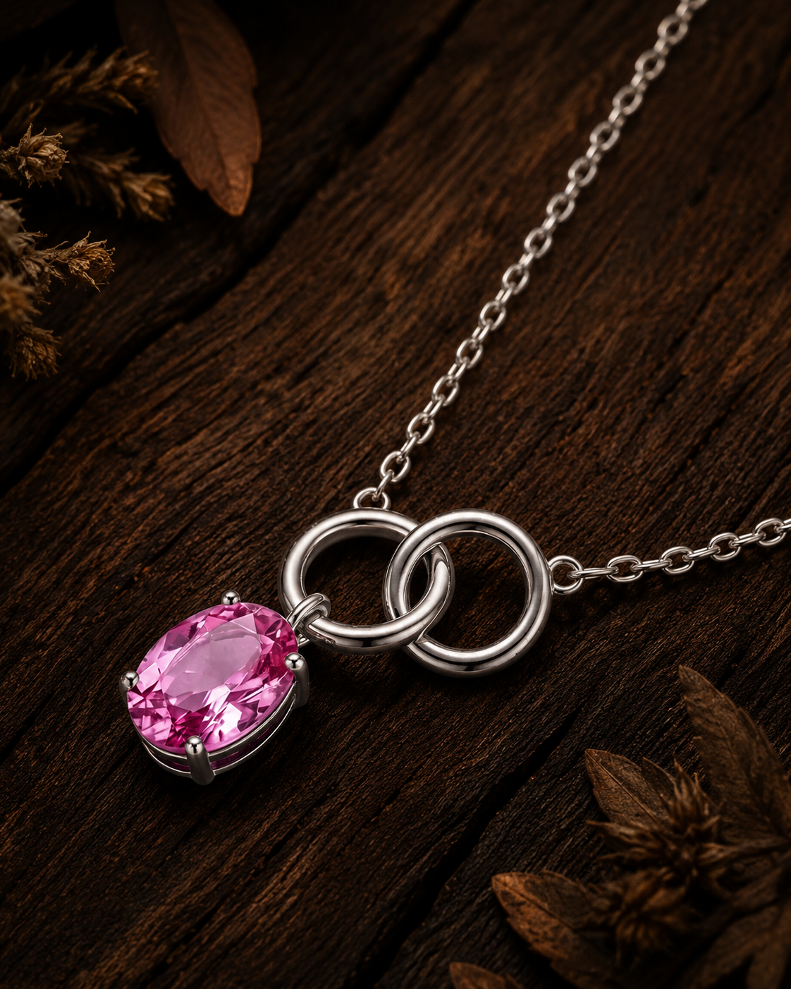 Necklace with a pink gemstone and silver rings on a wooden surface #color_silver