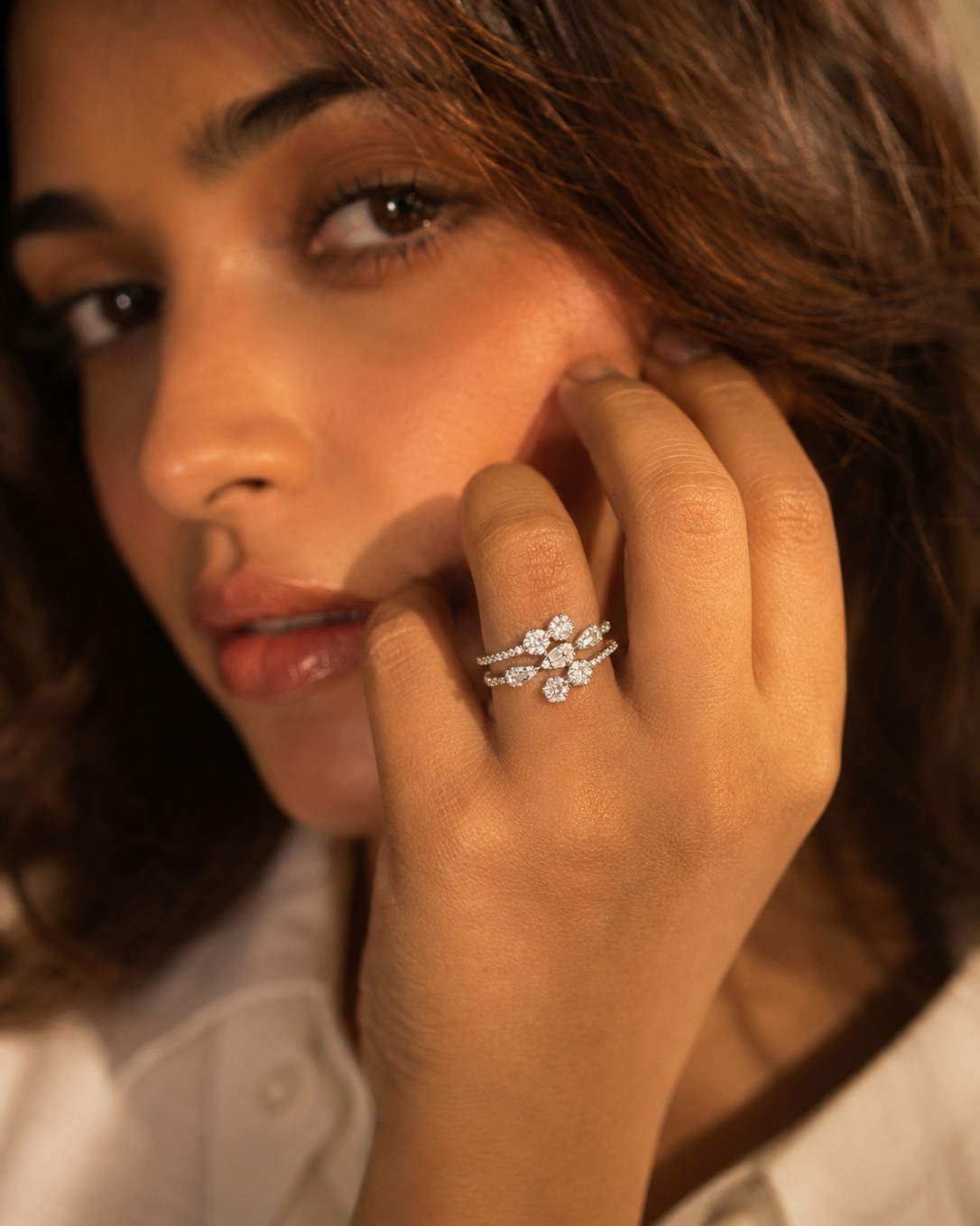 Triple Band Floral Statement Ring for Women #color_silver