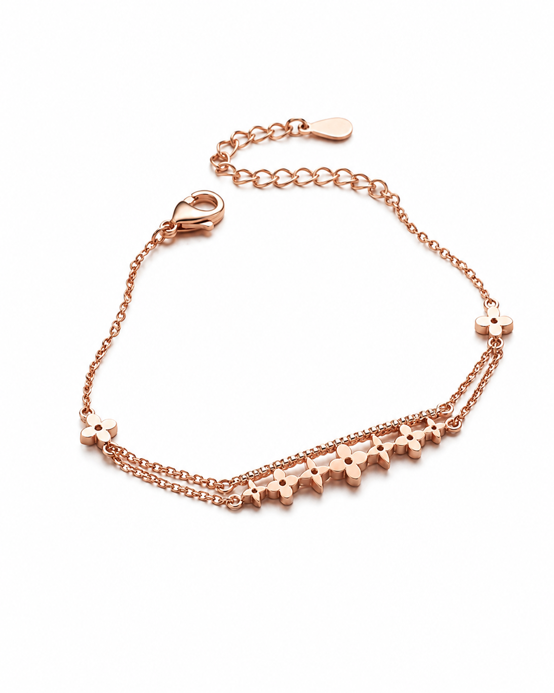 Rose gold bracelet with star-shaped charms on a white background #colour rosegold