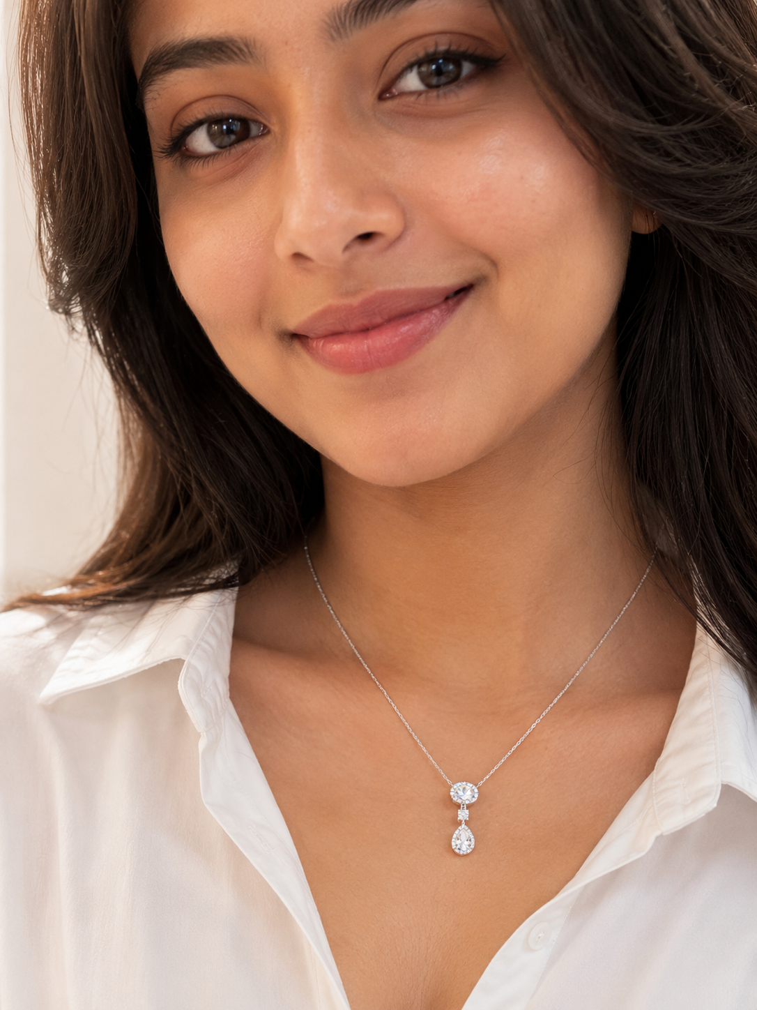 Oval & Pear CZ Halo Drop Necklace for Women#color_silver