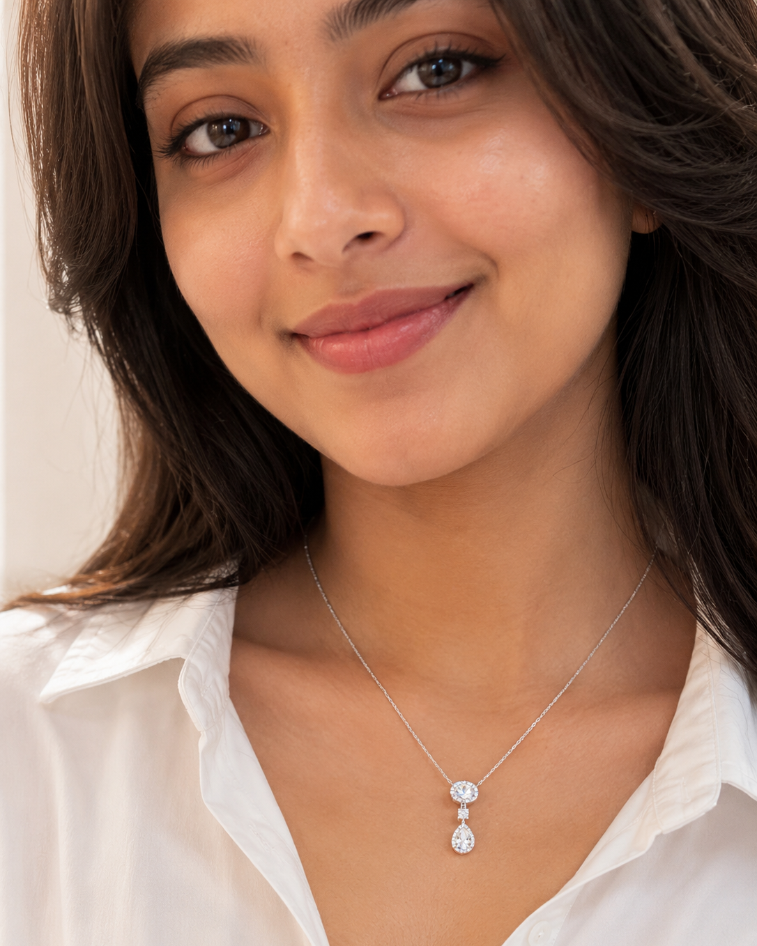 Oval & Pear Halo Drop Necklace for Women #color_silver