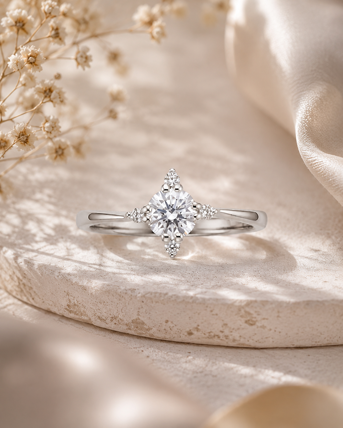 Diamond ring on a textured beige surface with delicate flowers #color_silver