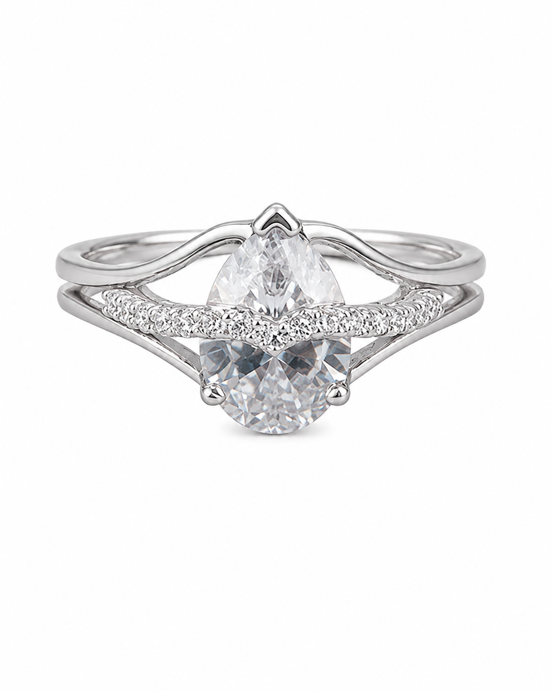 Diamond ring with a pear-shaped center stone on a white background #color_silver
