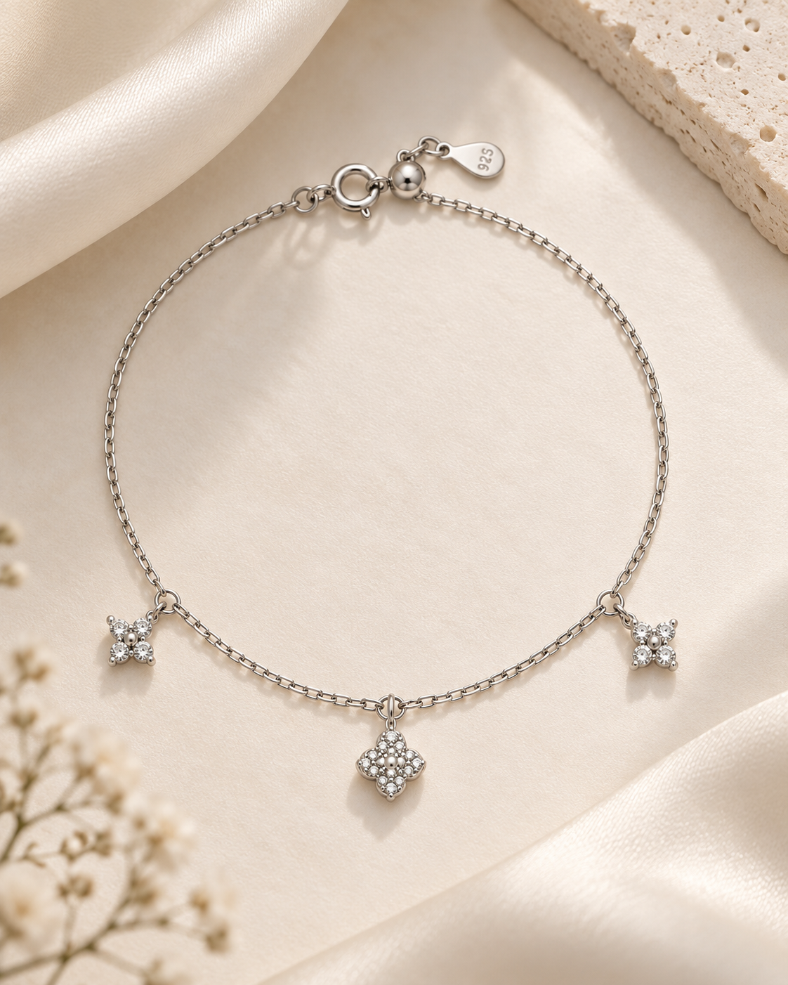 Pavé Clover Charm Bracelet | 925 Sterling Silver Bracelet