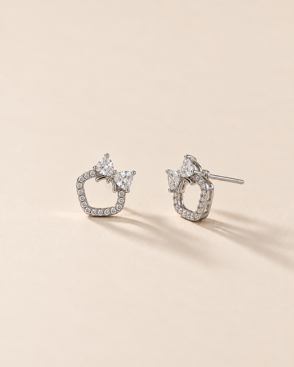 Cute bow and heart stud earrings #color_silver