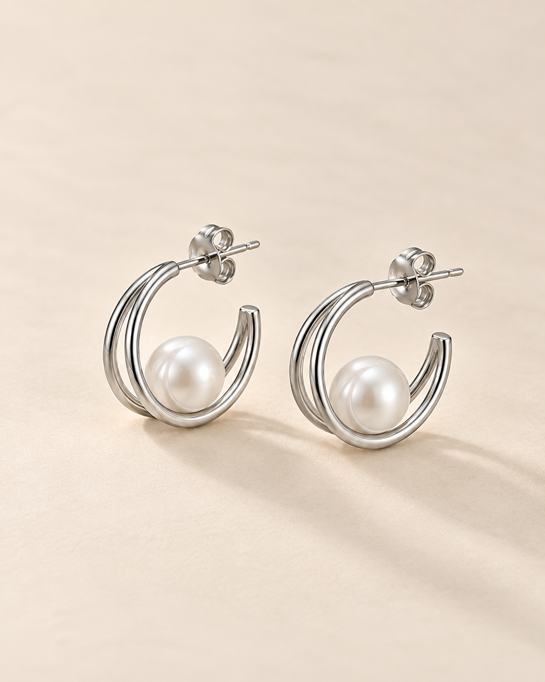 Elegant moon and pearl drop hoop earrings #color_silver