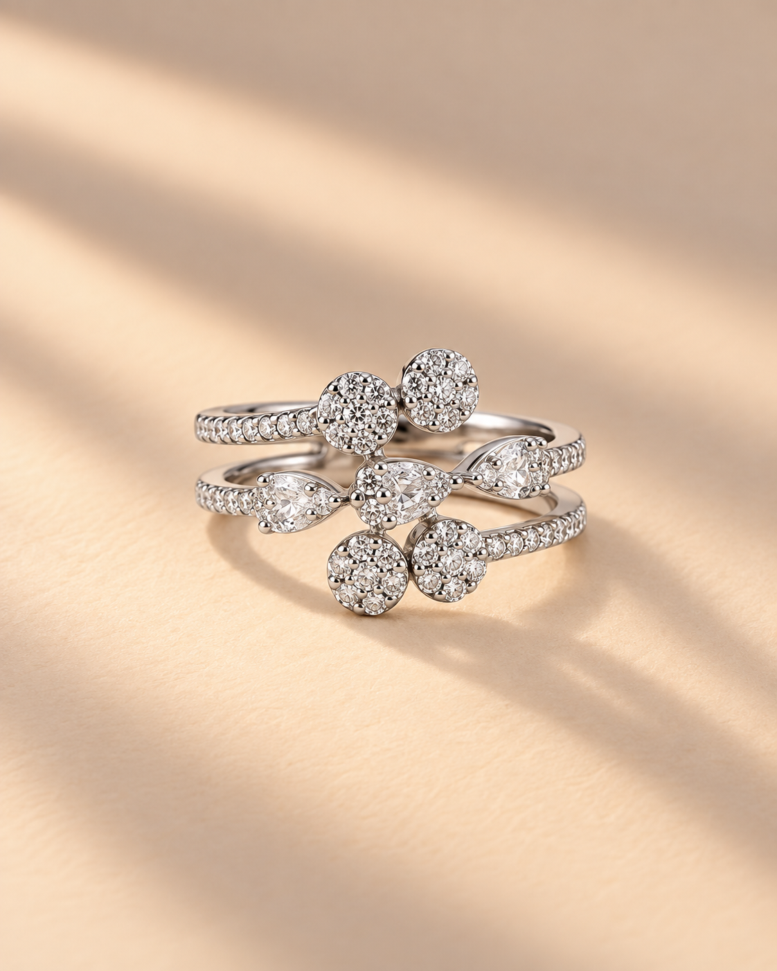 Triple Band Floral Statement Ring for Women #color_silver