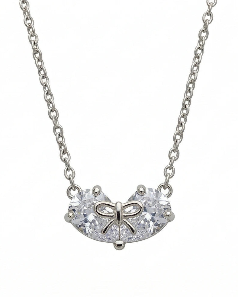 Bow CZ Twin Heart Necklace for Women#color_silver
