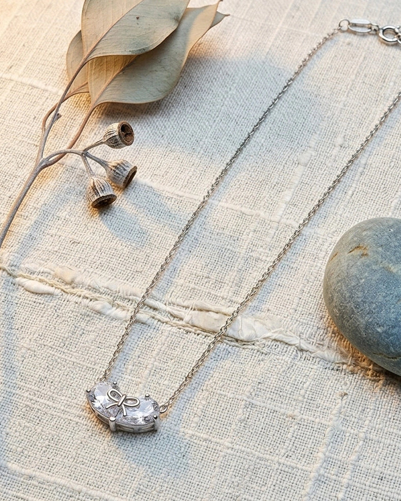 Bow CZ Twin Heart Necklace for Women#color_silver