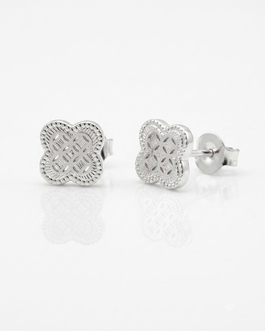 Clover Stud Earrings with Intricate Floral Cutwork Design #color_silver