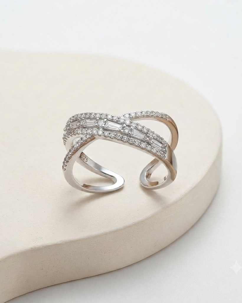 925 Sterling Silver crisscross ring with baguette and pavé white accents