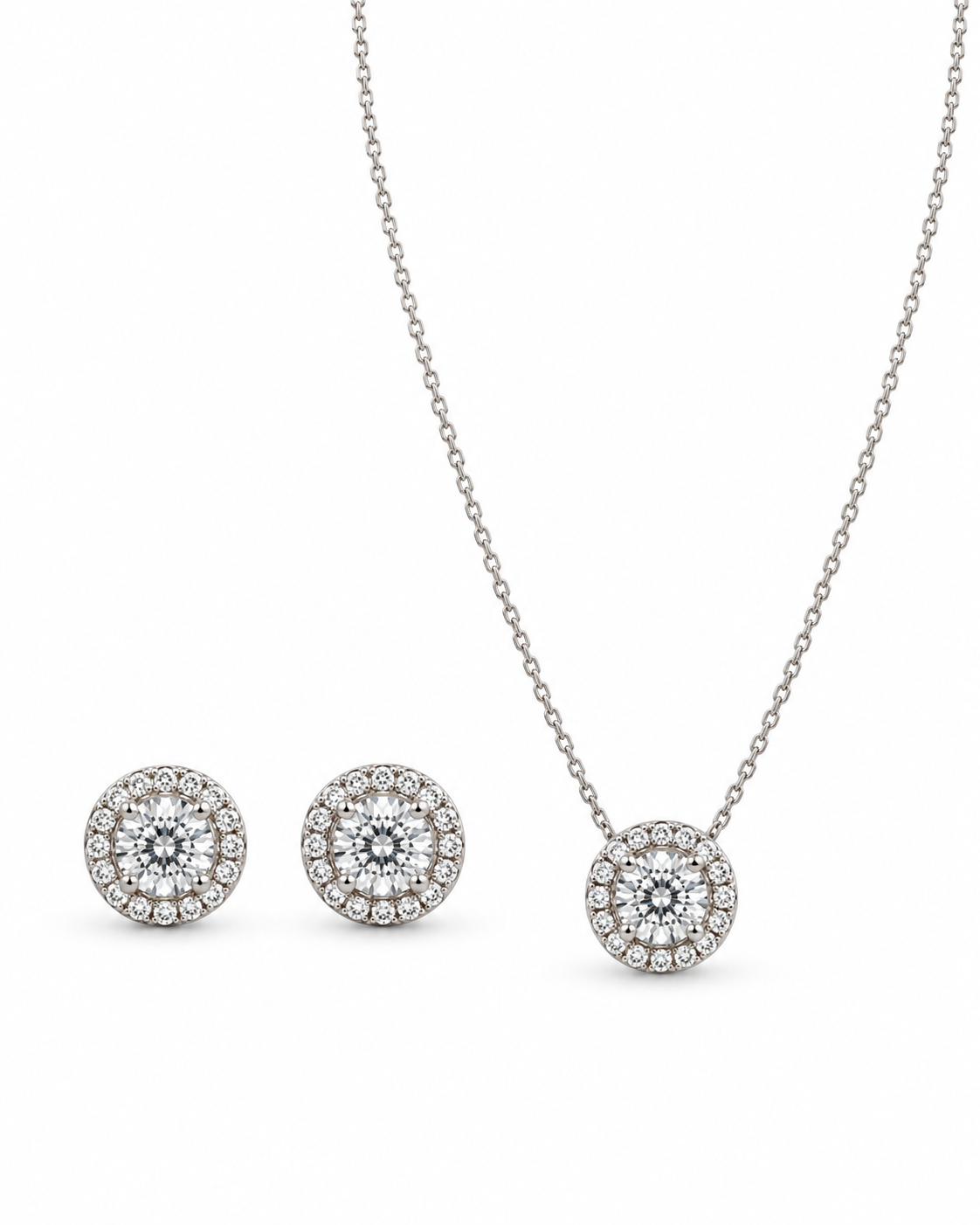 Round halo necklace and matching earrings with sparkling white accents