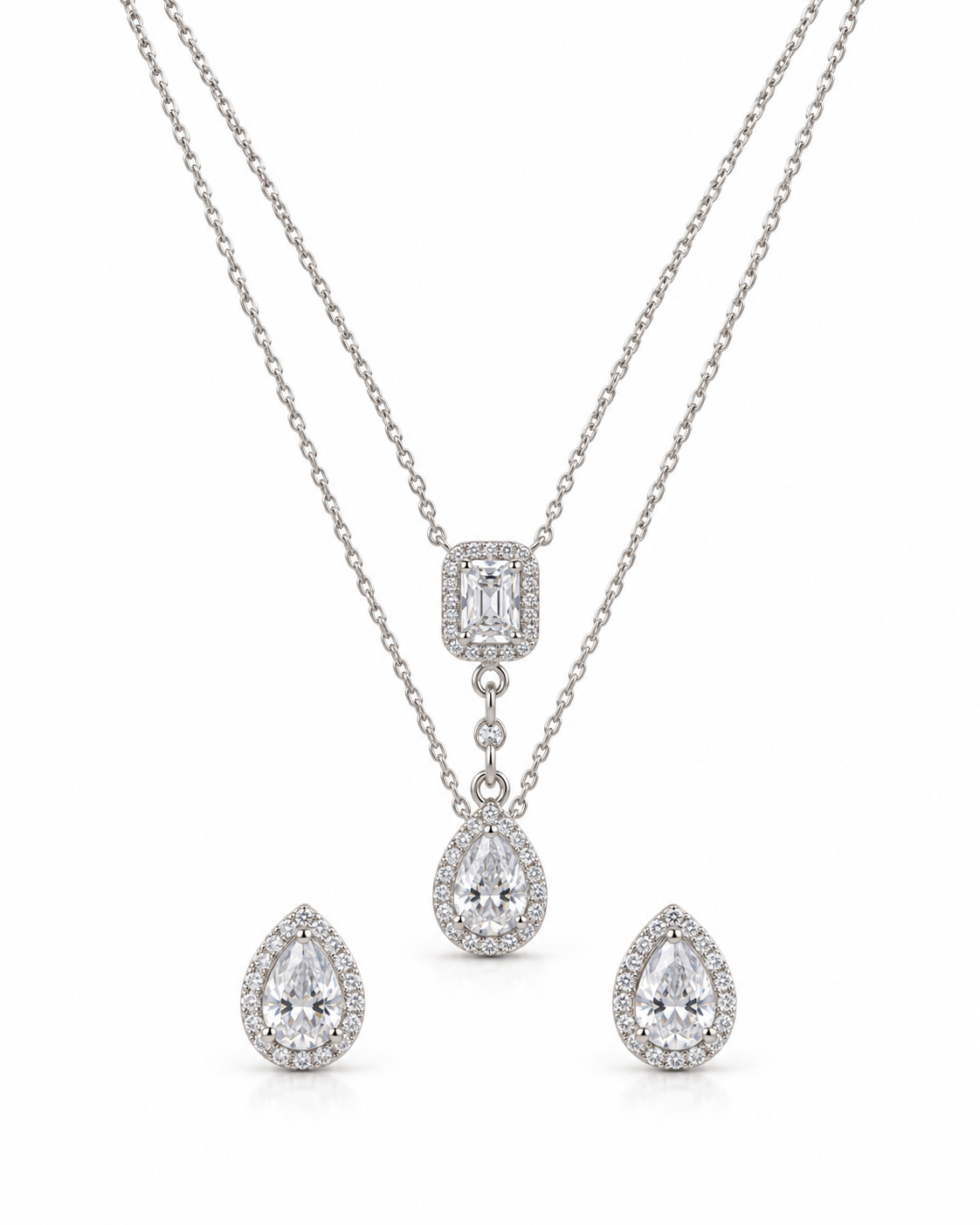 Teardrop pendant necklace and matching earrings with sparkling white accents