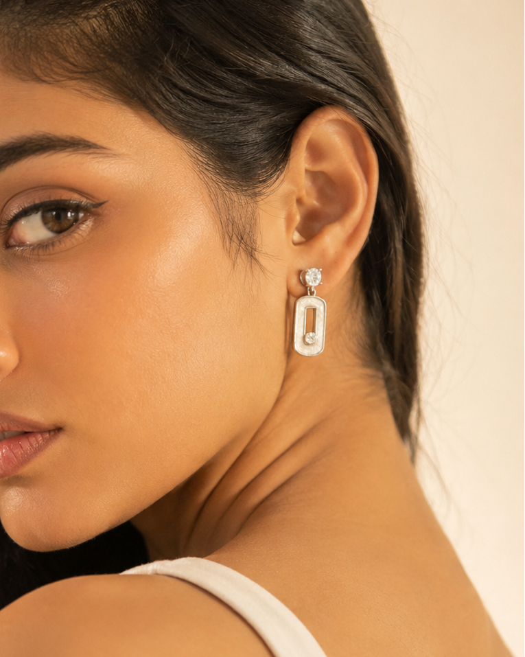925 Silver Geometric Pearl Drop Earrings #color_silver