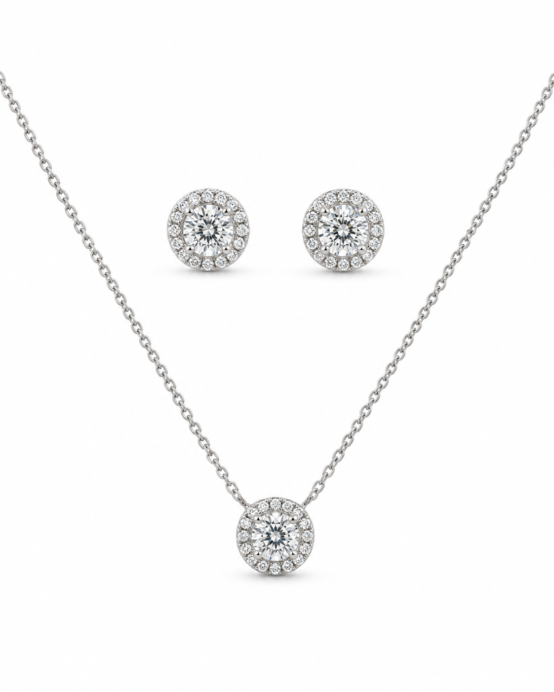 Round halo necklace and matching earrings with sparkling white accents