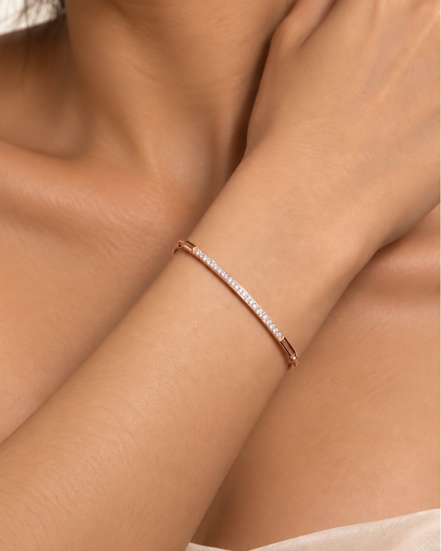 Rose gold bar bracelet with sparkling white accents