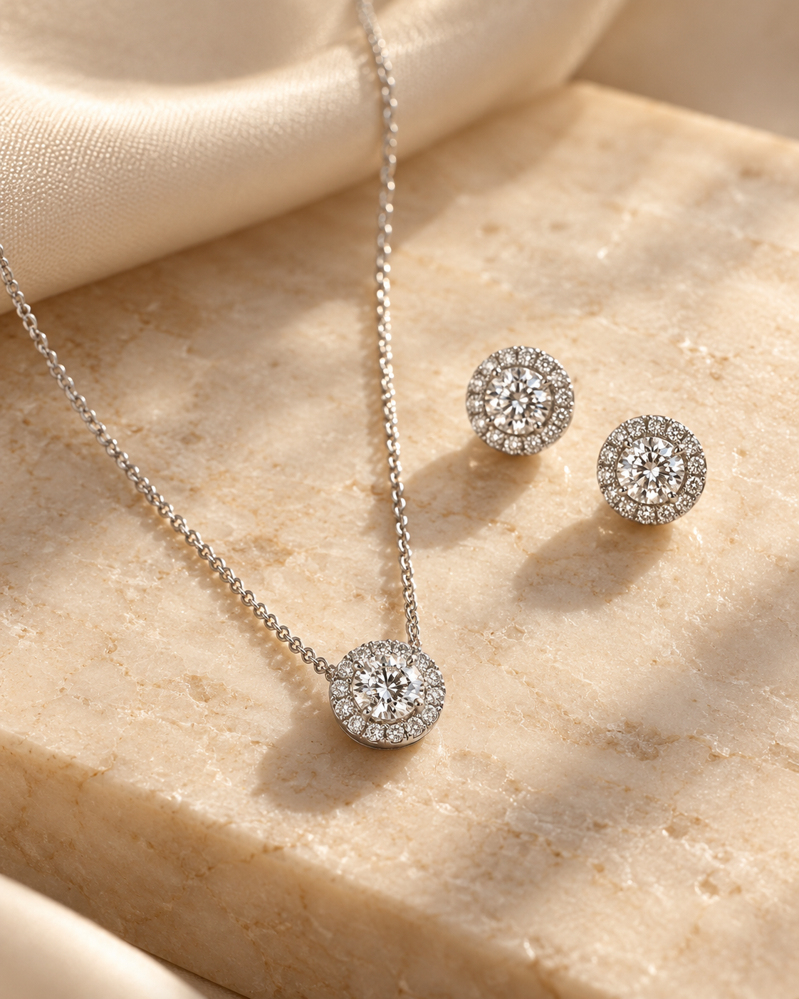 Round Halo Necklace & Earrings Set in 925 Silver | Cilvira