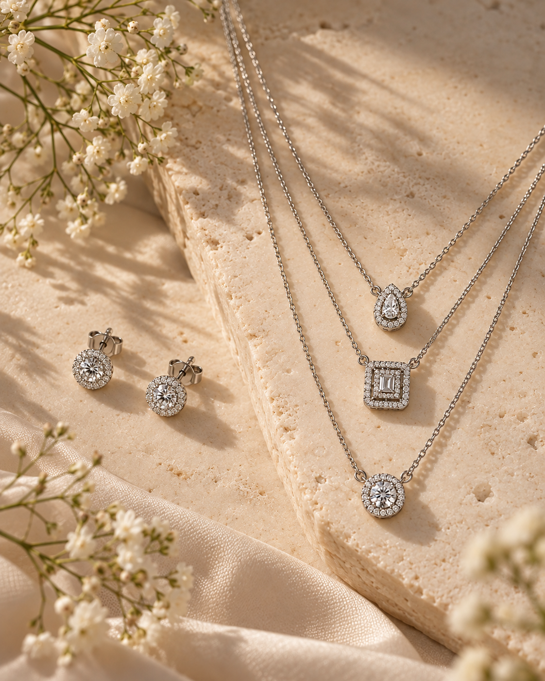Geometric Layered Necklace & Earrings Set in 925 Silver | Cilvira