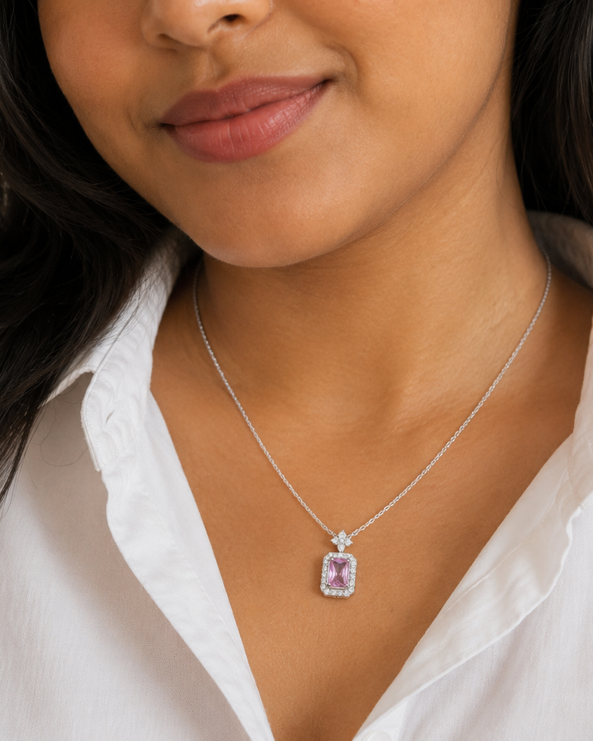 Pink CZ Halo Pendant Necklace for Women#color_silver