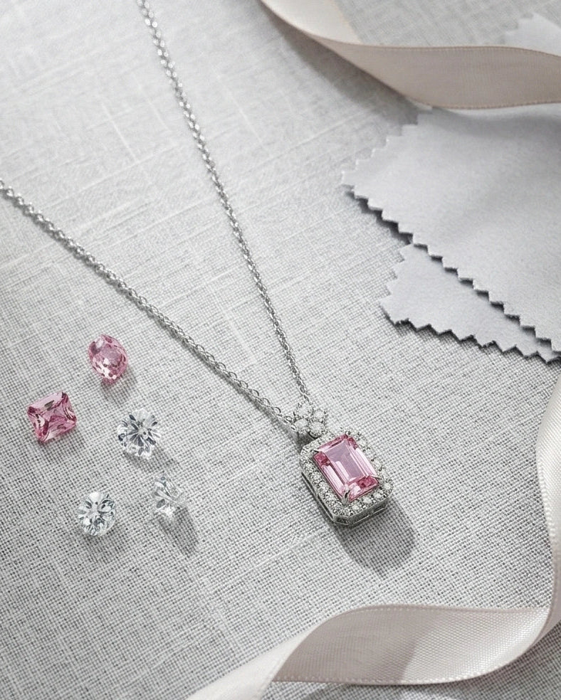 Pink CZ Halo Pendant Necklace for Women#color_silver