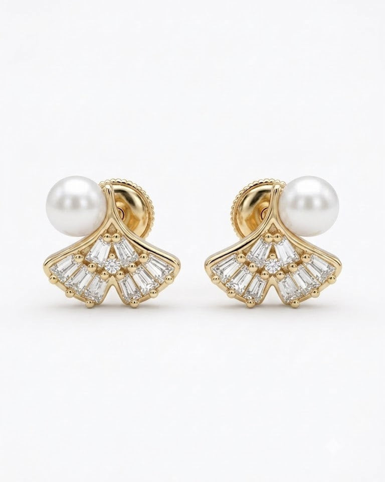 925 Silver Pearl Fan Stud Earrings with Sparkling Stones #color_gold