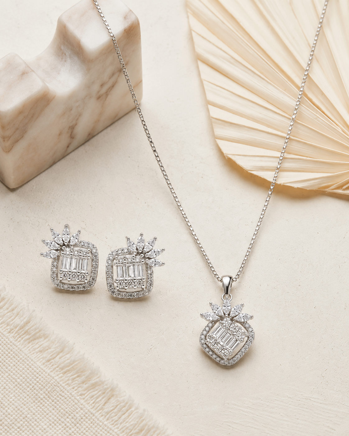 925 Sterling Silver floral halo necklace and earrings set