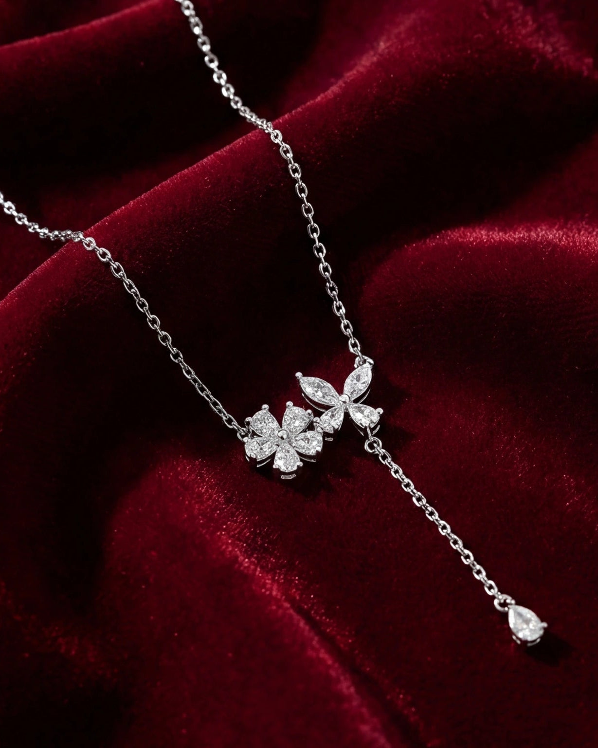 CZ Flower Drop Necklace for Women#color_silver