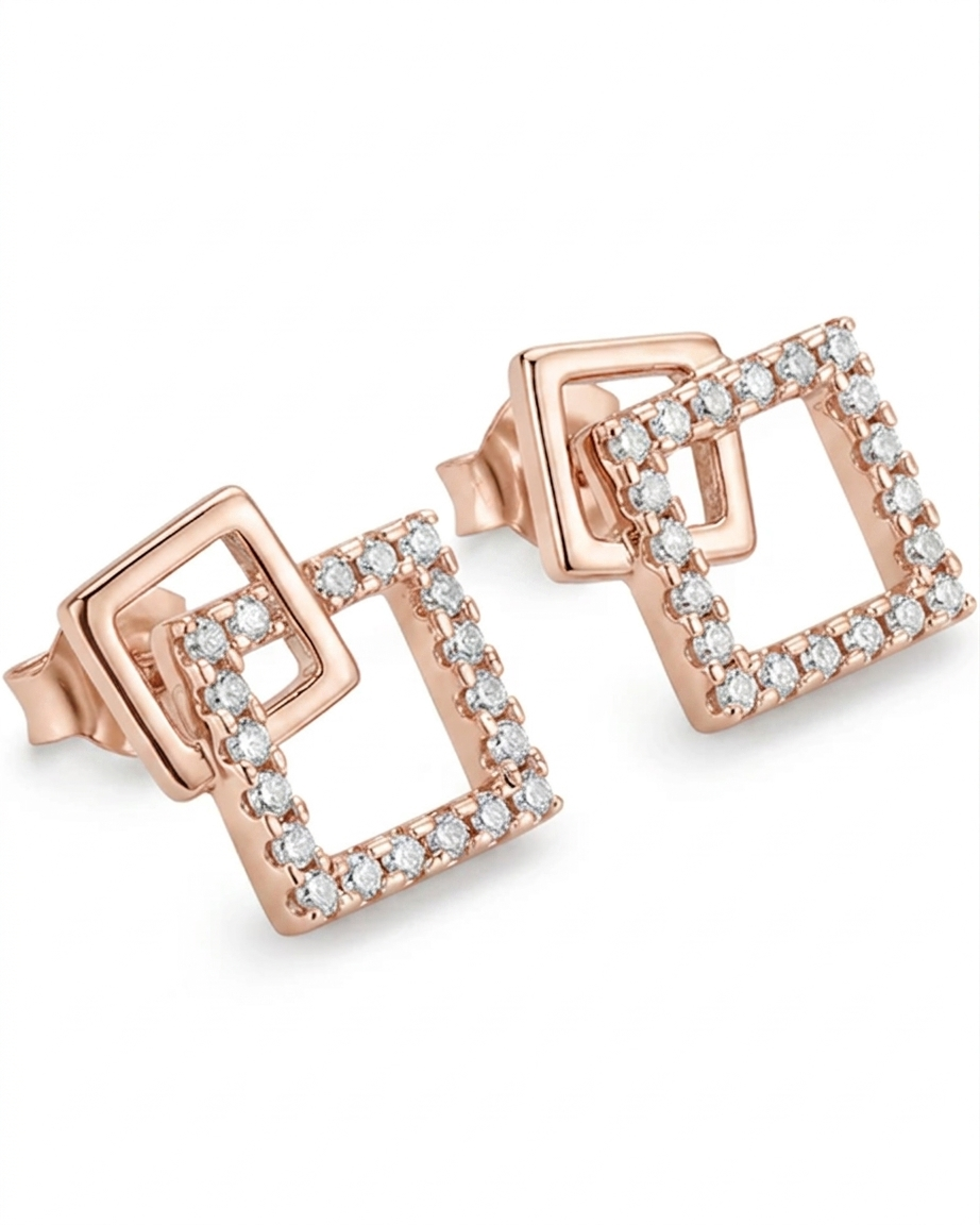 Rose gold square earrings with clear gemstones on a white background #color_rose gold