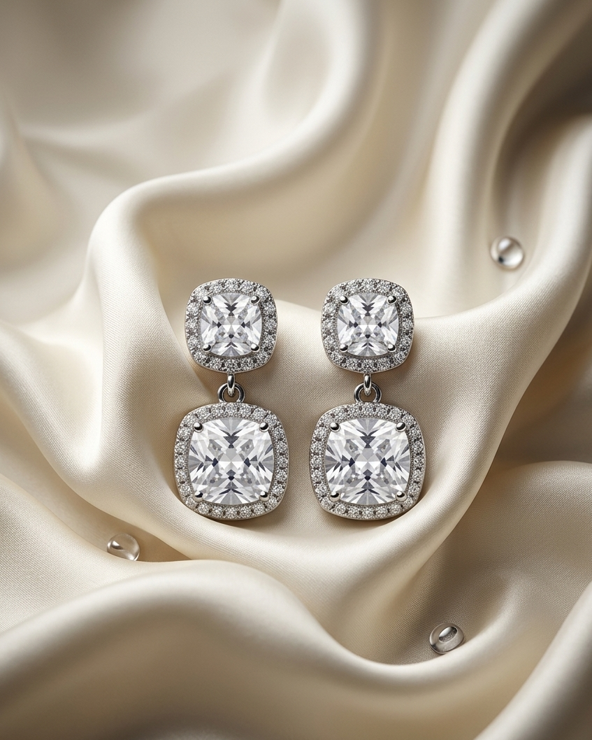 Diamond earrings on a satin surface #colour_silver