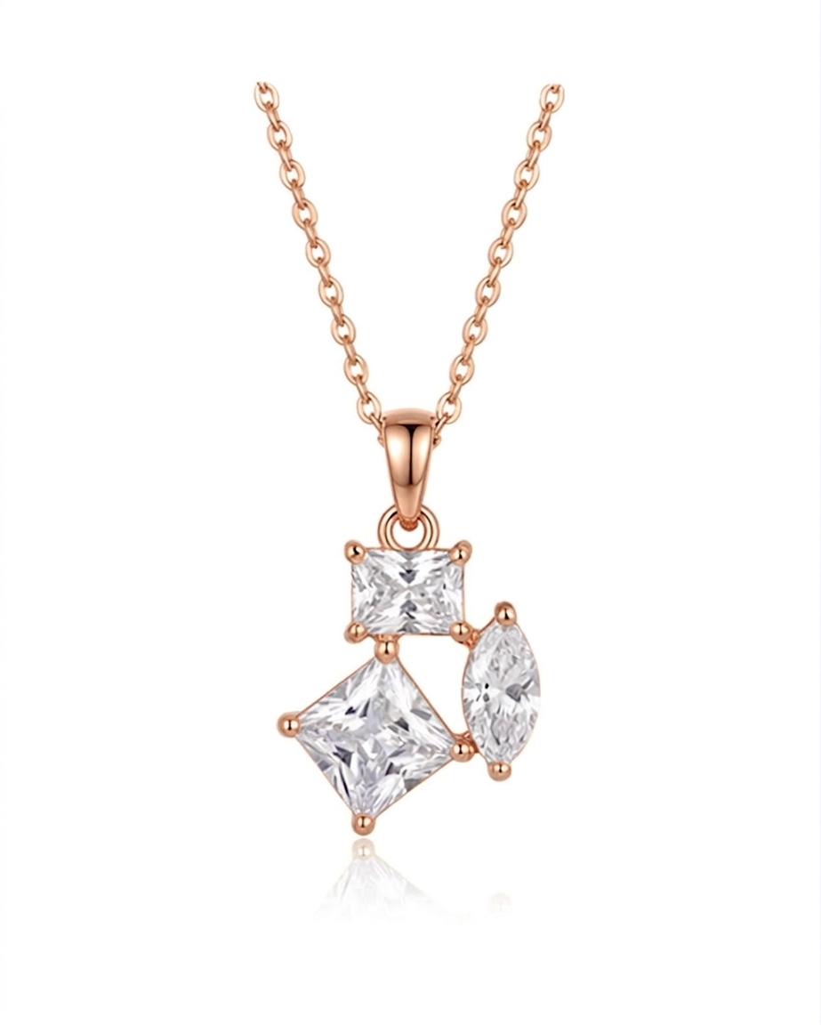 Rose gold necklace with three clear gemstones on a white background #color_rose gold